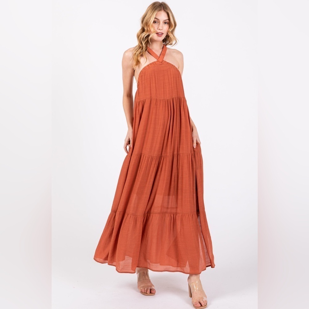 Rust Halter Tiered Maxi Dress (New In Package)